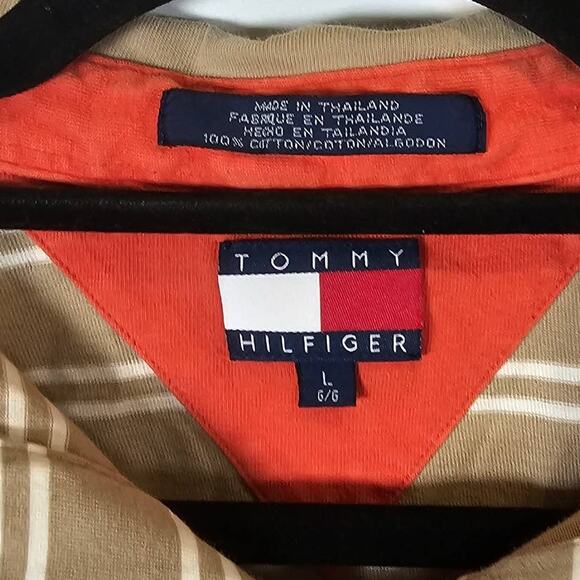 Vintage 90's Tommy Hilfiger Striped Polo Shirt Brown Tan Logo Size Large Y2K - Picture 2 of 4